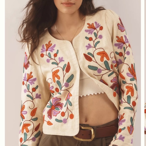 Anthropologie Dolan Embroidered Floral Linen Jacket Size XXS NWT - Picture 2 of 11